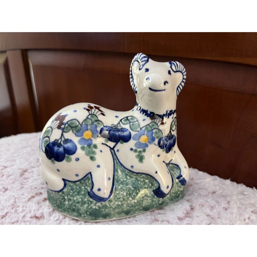 Unikat Polish Pottery & Boleslawiec Stoneware Blue and White Ram 4x4 Handmade